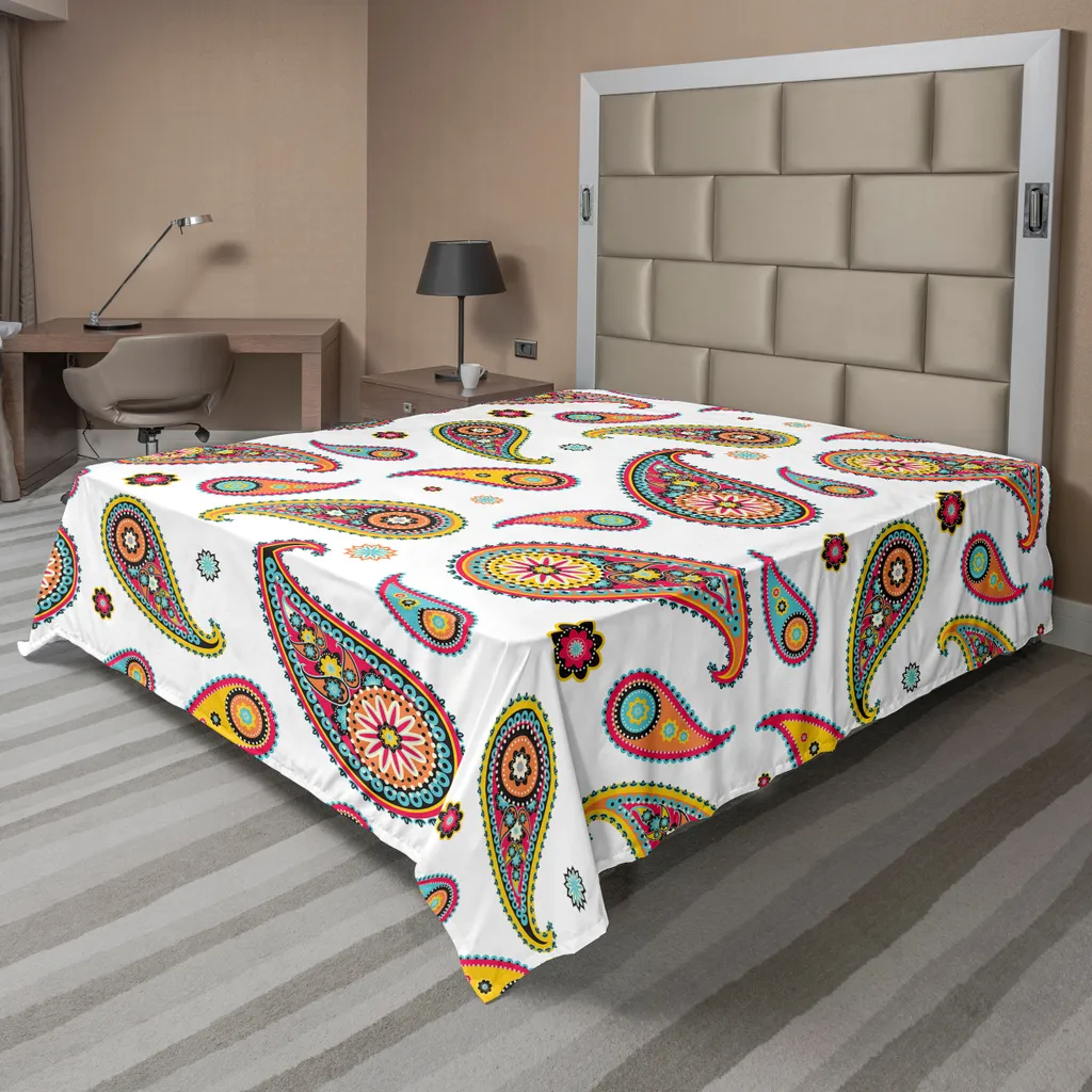 Drap Plat Décoratif pour Grand Lit Motif Paisley Hippie 244x205 cm Souple