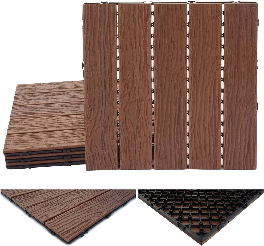 WPC Bodenfliese HWC-E19, Holzoptik Balkon/Terrasse, 3D-Struktur linear dunkelbraun, 4x je 50x50cm = 1qm