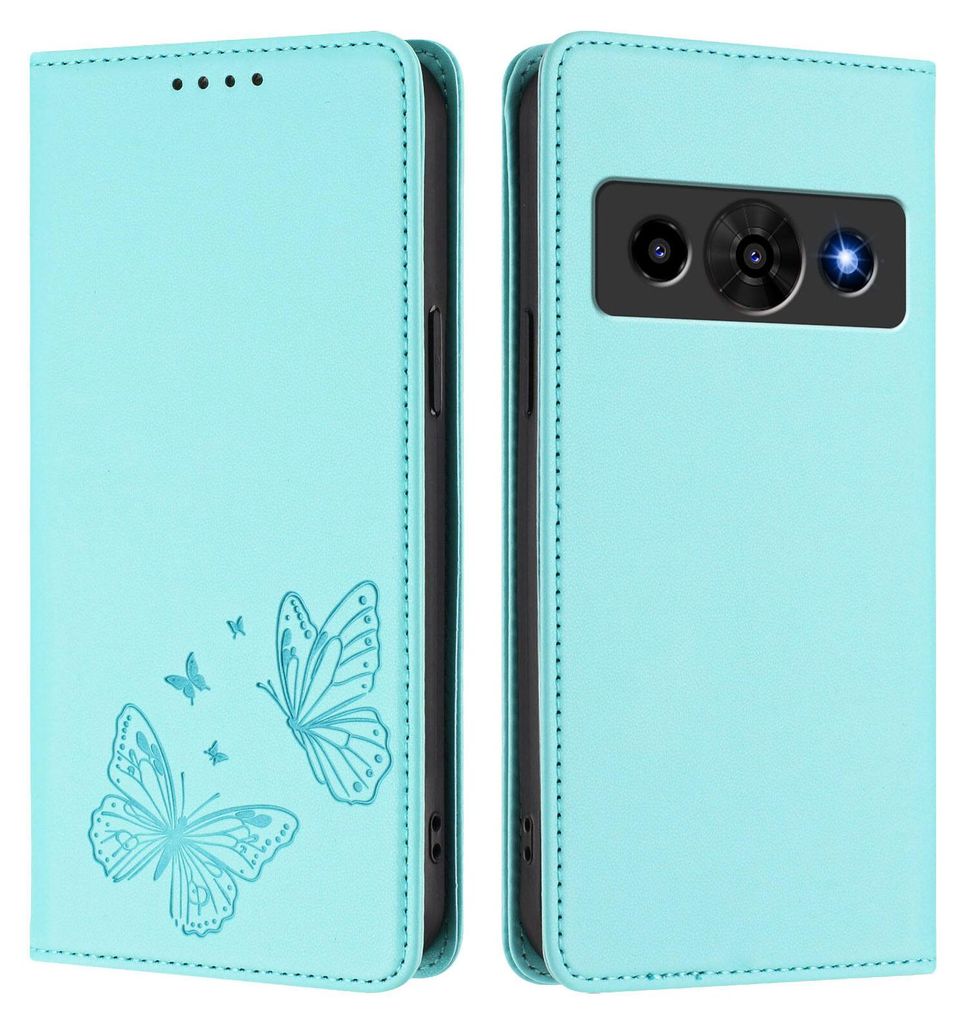 Lederhülle für ZTE nubia P7 Pro, Schmetterling Prägung Leder Brieftasche Schutzhülle mit Ständer Türkis