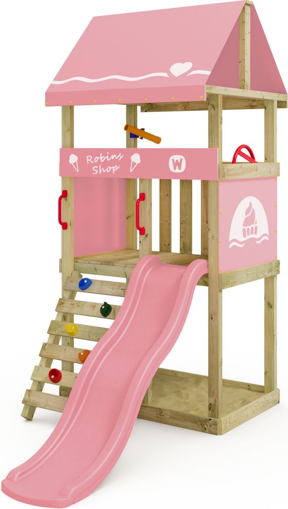 WICKEY Spielturm Klettergerüst DinkyHouse mit Rutsche, Kletterturm mit Sandkasten, Leiter & Spiel-Zubehör – pastellpink
