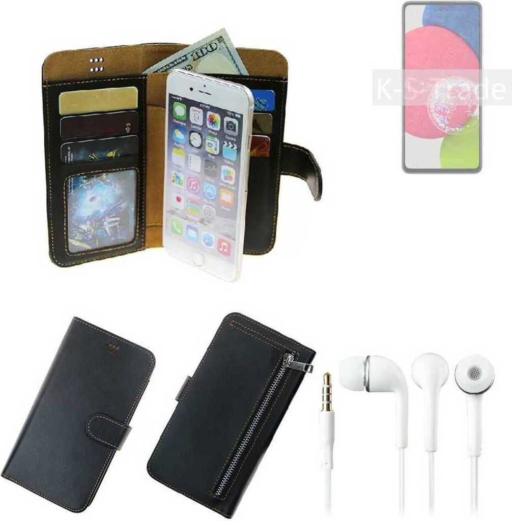 TOP SET Handy Hülle Schutz Hülle kompatibel mit Samsung Galaxy A52s 5G schwarz aus Kunstleder + Kopfhörer Smartphone Tasche vollwertige Geldbörse