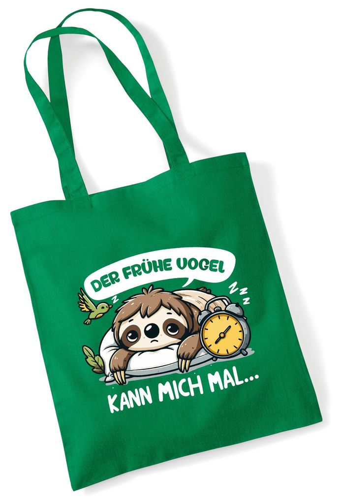 Huuraa Jutebeutel Der frühe Vogel kann mich mal Faultier 10 Liter Kelly Green Baumwolle Tasche Geschenkidee