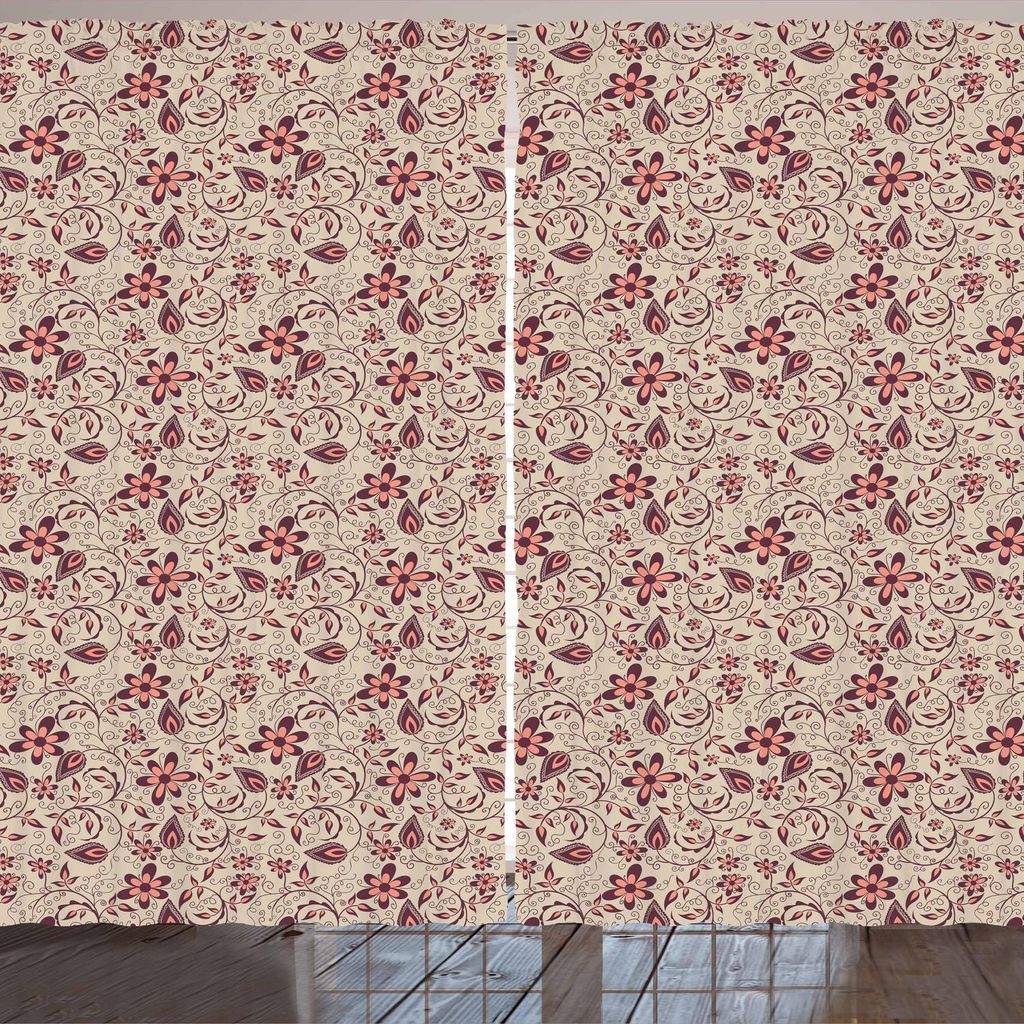 ARANDE Blumen Gardine, Blühendes Frühlings-Wiesen-Muster im Retrostil mit künstlerischen gelockten Details, 280 x 245 cm, Tan Coral Maroon