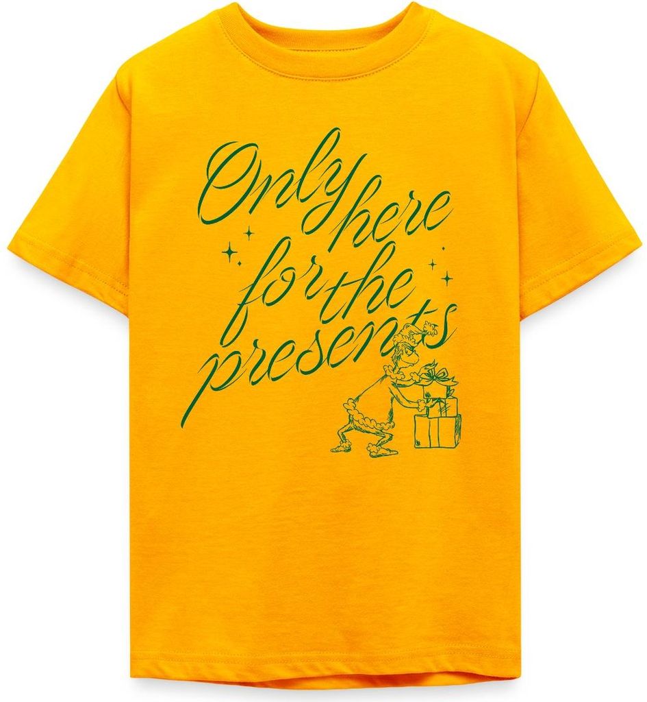 Spreadshirt Der Grinch Spruch Only Here For The Presents Teenager T-Shirt, 134/146 (9-11 Jahre), Gold