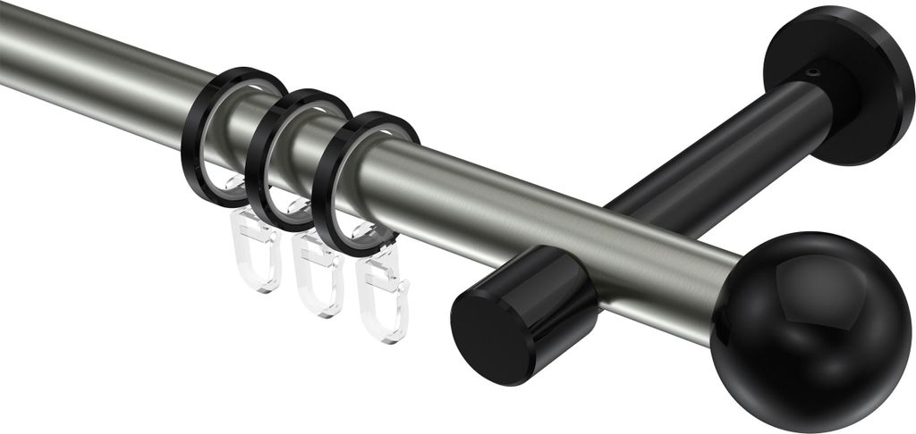 Interdeco Gardinenstange / Vorhangstange Edelstahl-Optik / Schwarz, Typ Prestige Luino (Kugel), 20 mm Ø 1-läufig, 280 cm