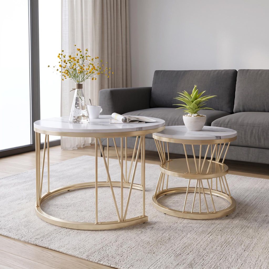 INONEFT Couchtisch 2er Set, Runde Satztische Marmoroptik, Produktbild 