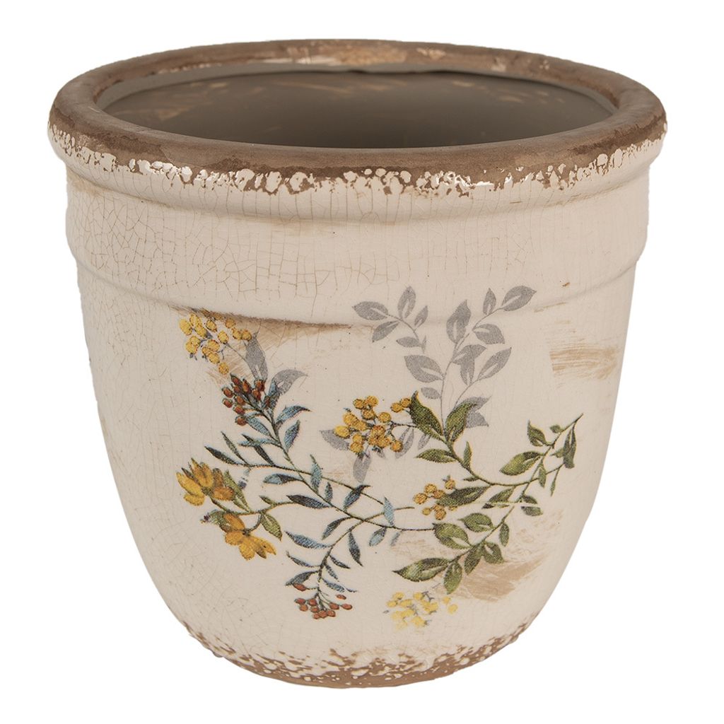 Clayre & Eef Blumentopf Aus Keramik – Zitronen-Muster Im Landhausstil | Innenblumentopf Beige-gelb