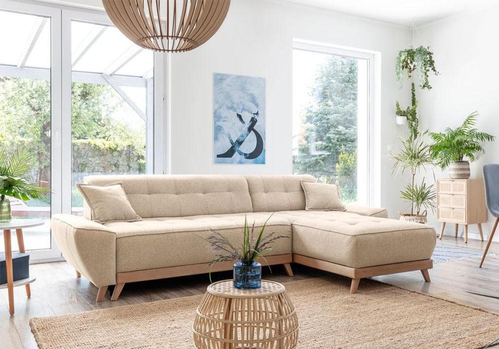 MIUFORM Dazzling Daisy - Ecksofa mit Bettfunktion und Bettkasten Sofa mit seitenverkehrt montierbarer Chaiselongue - 260x164cm - Beige - Sofa Schla...