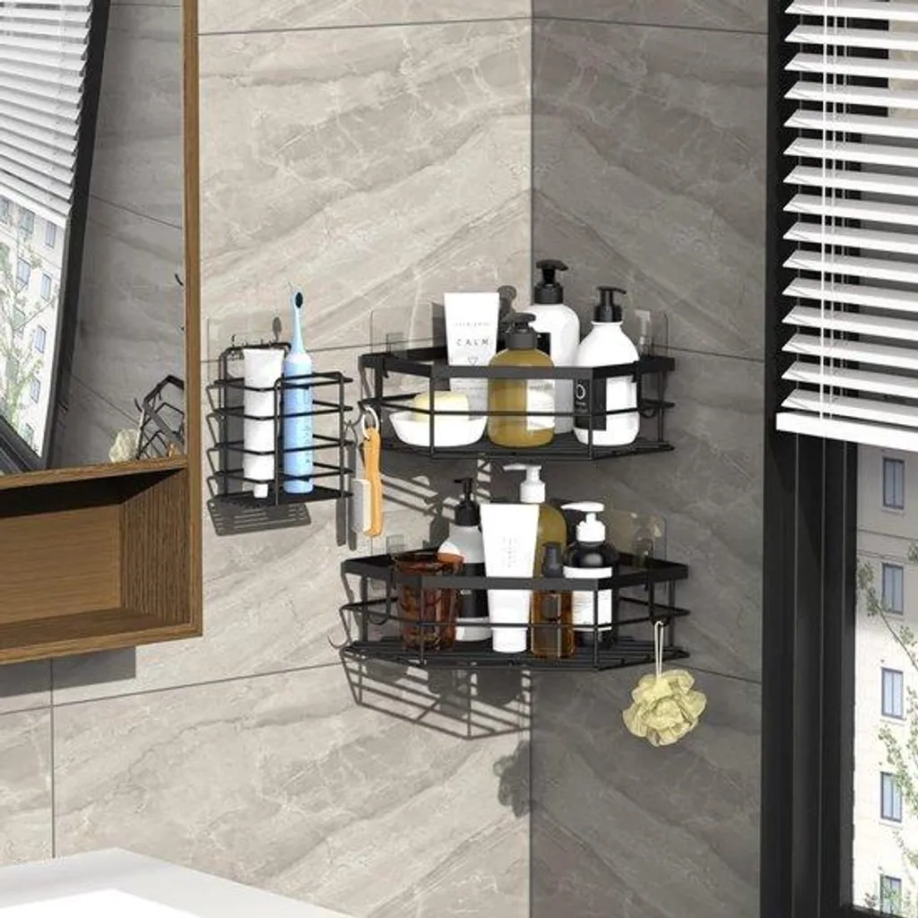 Organiseur de douche noir en métal inoxydable, fixation adhésive