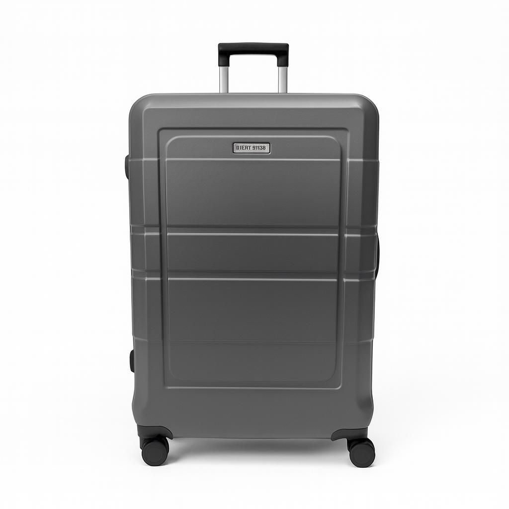 A gray suitcase is shown against a white background.