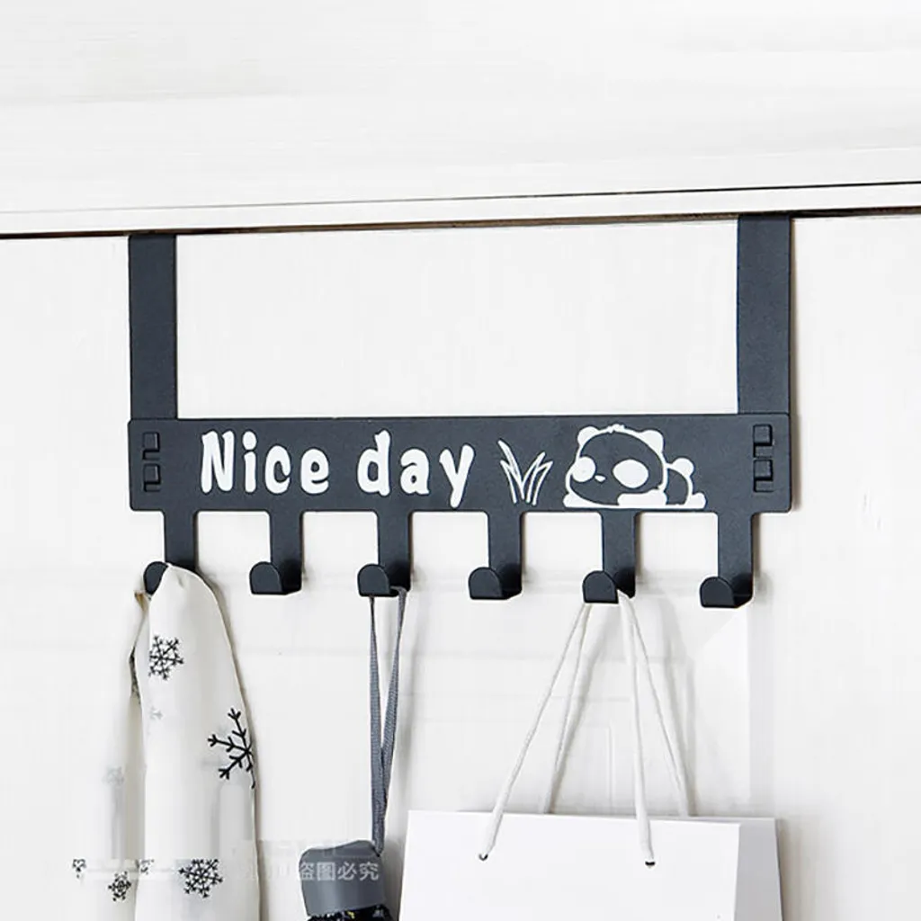 Gancio rimovibile a 6 ganci per la porta Cartoon Clothes Bags Organiser Wall Hanging Storage Rack Holder Hooks - Black