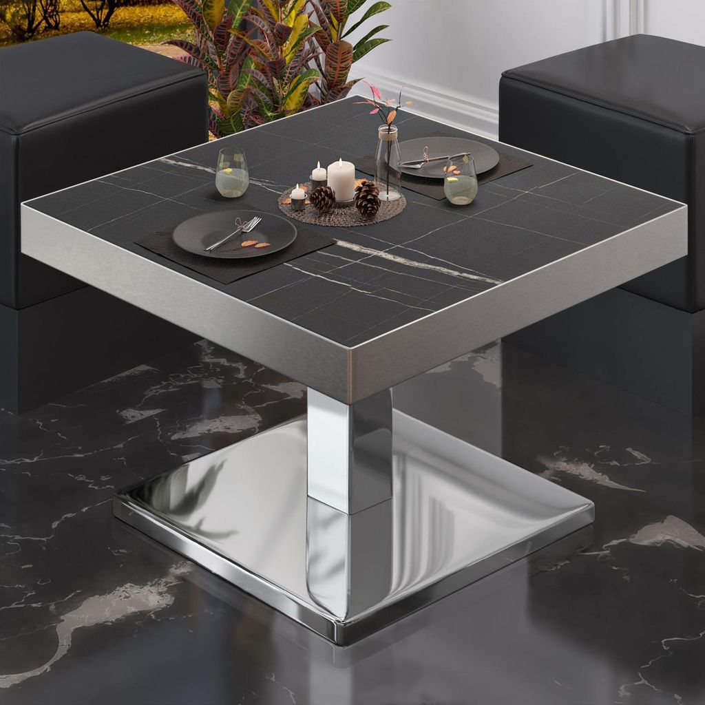 BM | Bistro Loungetisch | B:T:H 60 x 60 x 41 cm | Schwarz Marmor / Edelstahl | Bistro Tisch Loungetisch