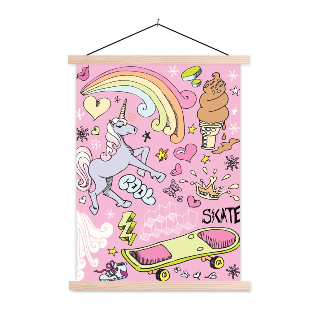 MuchoWow Textilposter Mädchen - Design - Einhorn - Regenbogen - Rosa 60x80 cm mit holzfarbenen Rahmen - Wandbild