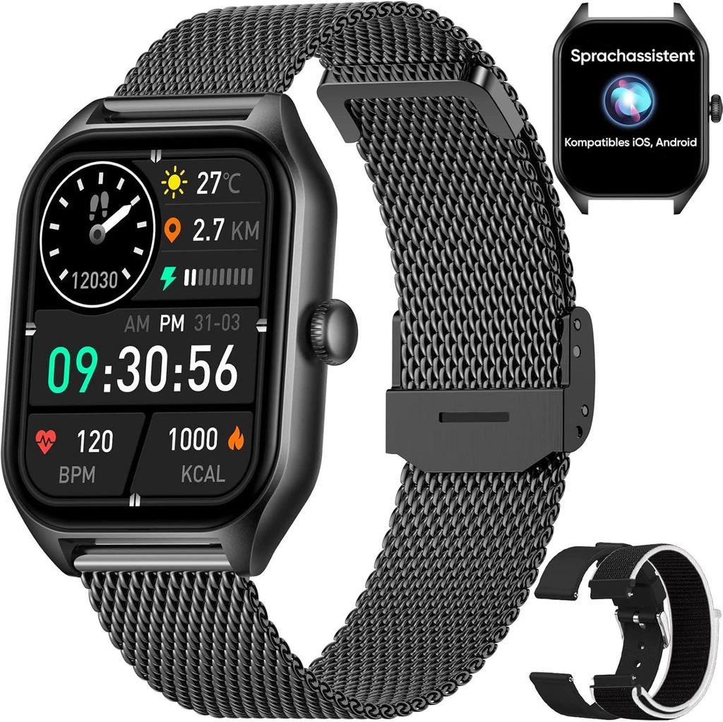 Dachma Smartwatch Damen mit 1.85 Inch Display Telefonfunktion WhatsApp Fitnessuhr Schlafmonitor 100 Sportmodi Schrittzähler 3 Armbänder