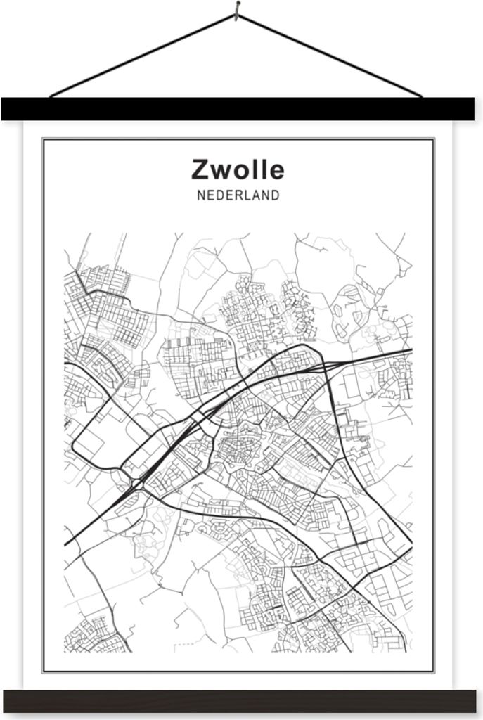 MuchoWow Textilposter Stadtplan - Zwolle - Schwarz und weiß 90x120 cm mit schwarzem Rahmen - Dekoration