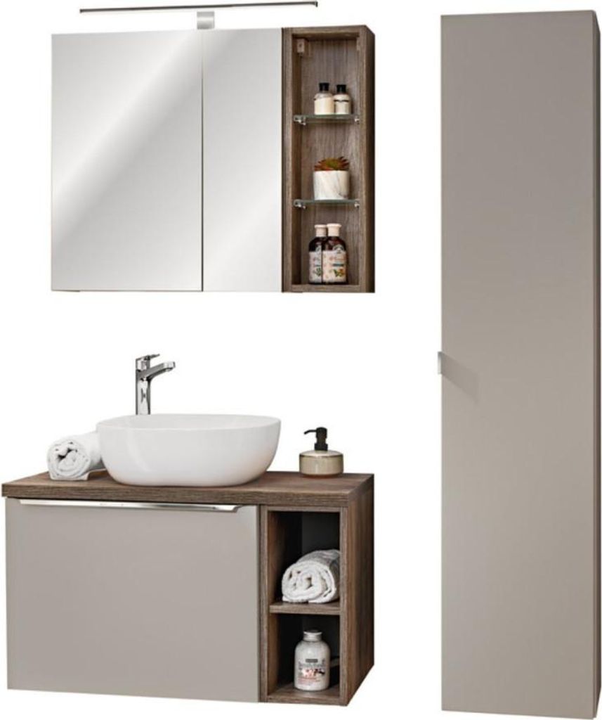 Set VANTA taupe: Waschtischunterschrank 80cm + Aufsatzwaschbecken + Stauraummöbel + Spiegel + LED