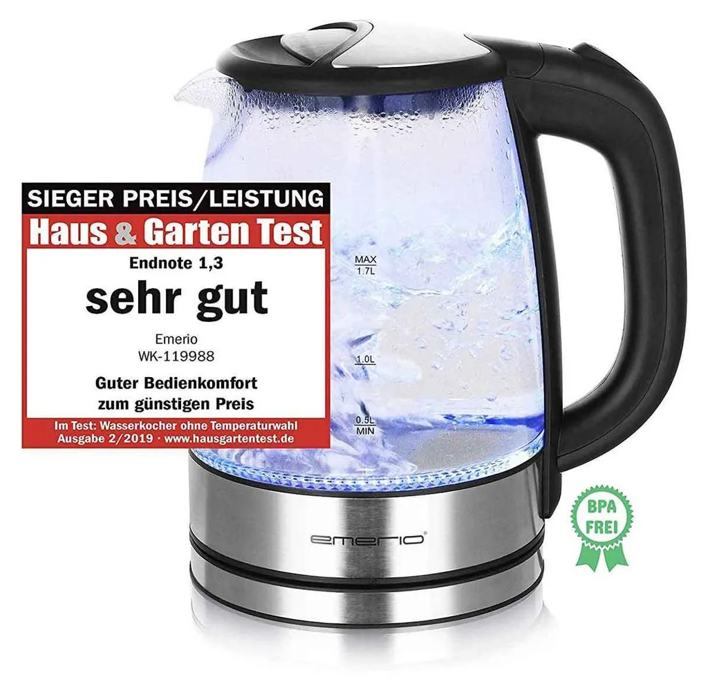 Bouilloire en verre 1,7 litre sans BPA avec éclairage LED bleu