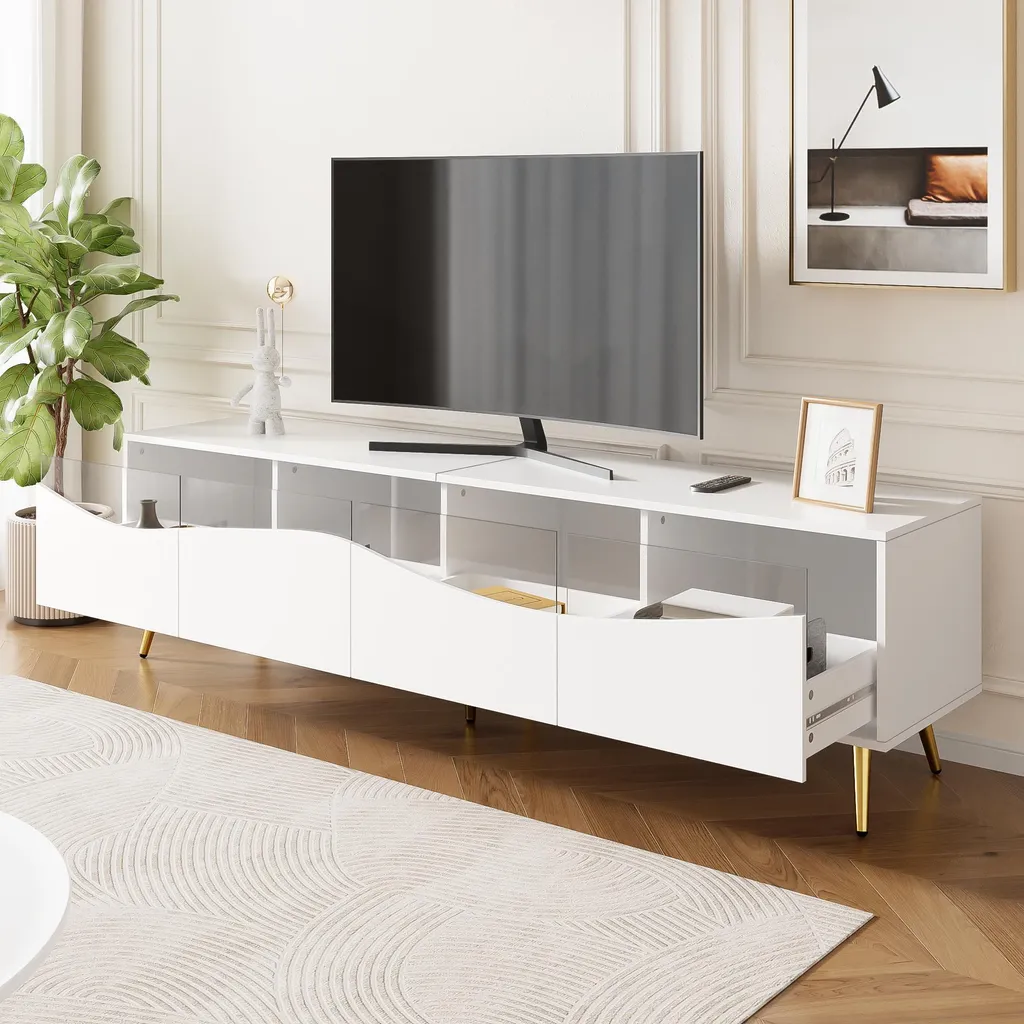 Meuble TV Design Blanc Pieds Dorés et Rétroéclairage LED Lumineux