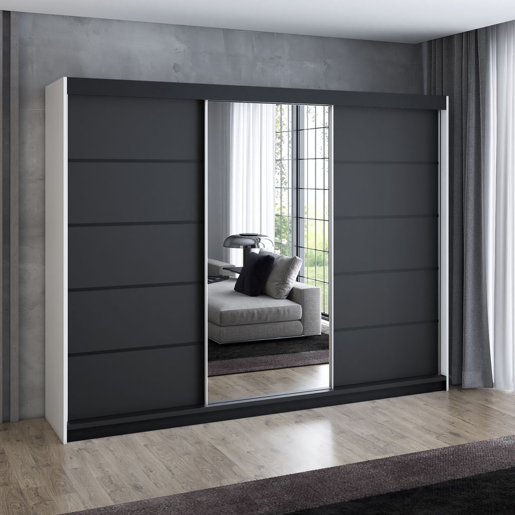 Schwebetürenschrank 200 cm, 3-türig, mit Spiegel & 4 Schubladen, Retro-Stil, modern, in Weiß/Schwarz/Sonoma – Kleiderschrank VILUNO 4