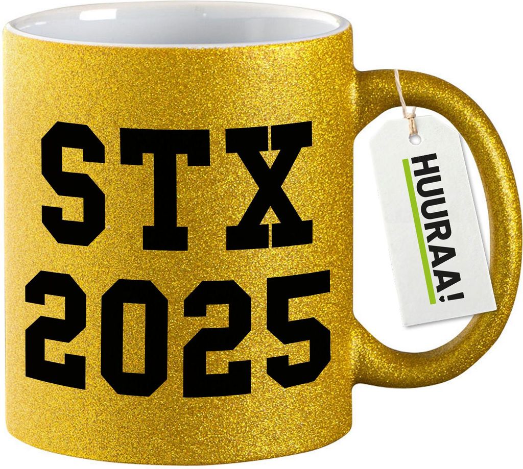 Huuraa Glitzertasse STX 2025 Abschluss Dänemark 330ml Gold Keramik Kaffeebecher Geschenkidee