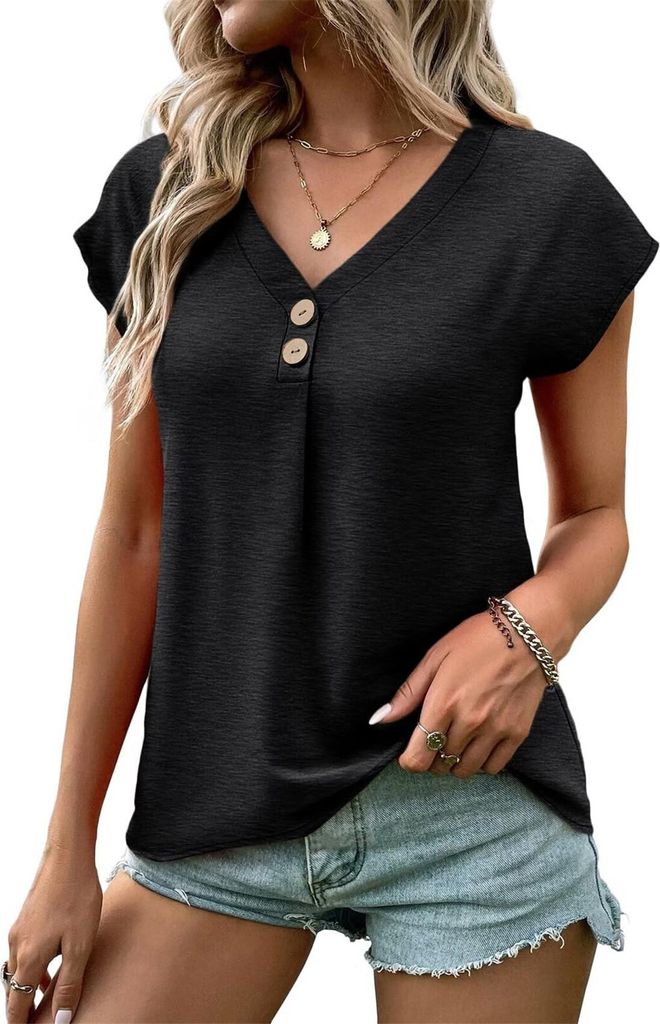 ASKSA Damen V-Ausschnitt mit Knoepf T-Shirt Sommer Kurzarm Shirts Einfarbig Casual Lose Tunika Tops Basic Hemd Tee Oberteile (Schwarz,S)