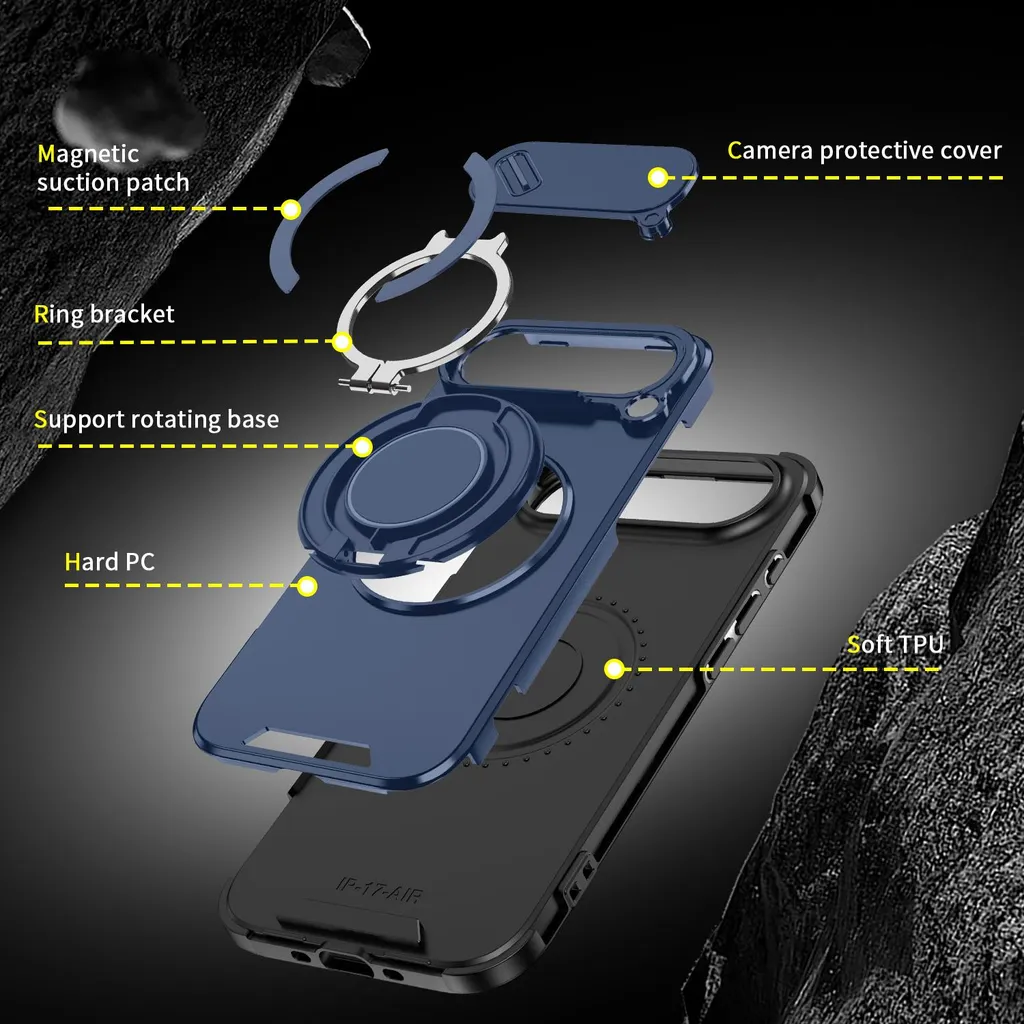 Custodia a doppio strato per iPhone Air, con copertura scorrevole della fotocamera e supporto magnetico ad anello Blu - 3