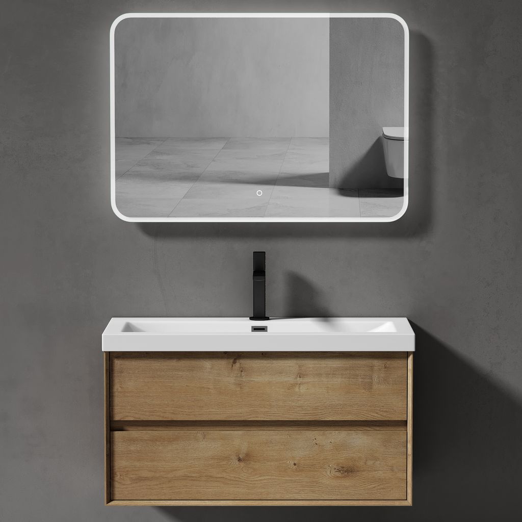 doporro Badmöbelset Waschbecken-Unterschrank mit Soft-close in Kerneiche Wandhängender Badezimmerunterschrank 100cm inkl. Mineralguss-Waschbecken...