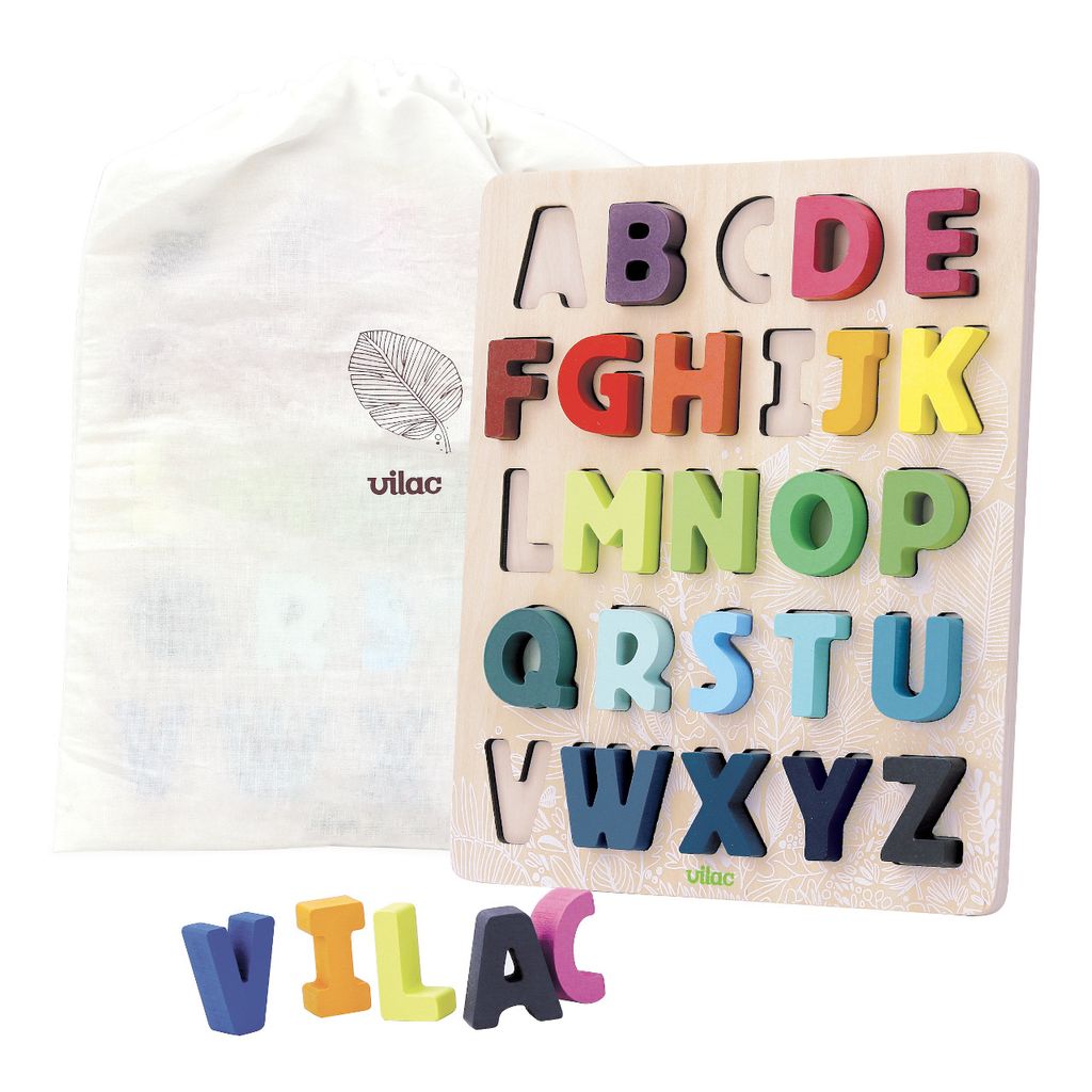 A wooden alphabet puzzle board with colorful letters and a white cloth bag.