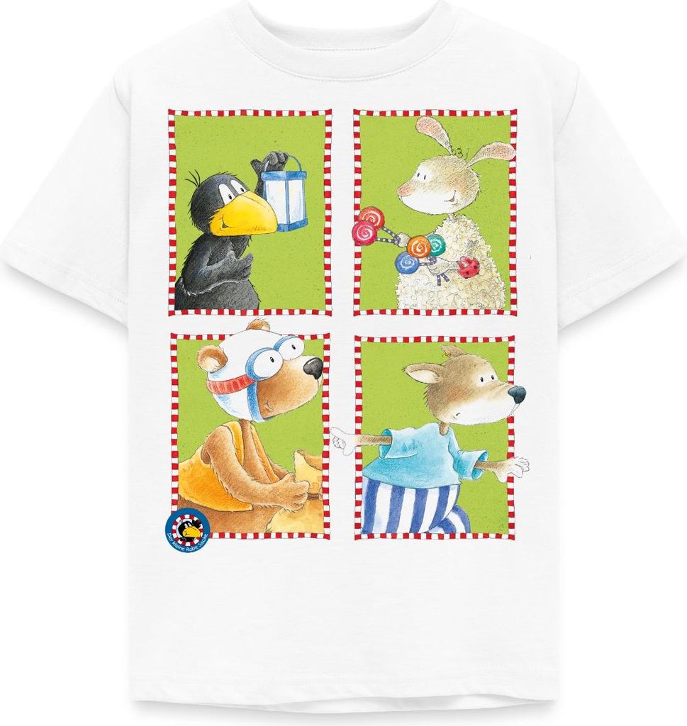 Spreadshirt Der kleine Rabe Socke mit Freunden Kachel Kinder T-Shirt, 98/104 (3-4 Jahre), Weiß