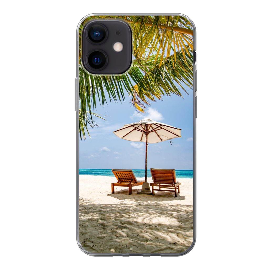 MuchoWow Handyhülle Schutzhülle Hülle für iPhone 12 Strandkorb - Sonnenschirm - Palme Silikon Softcase Handy Hülle - Schutzhülle