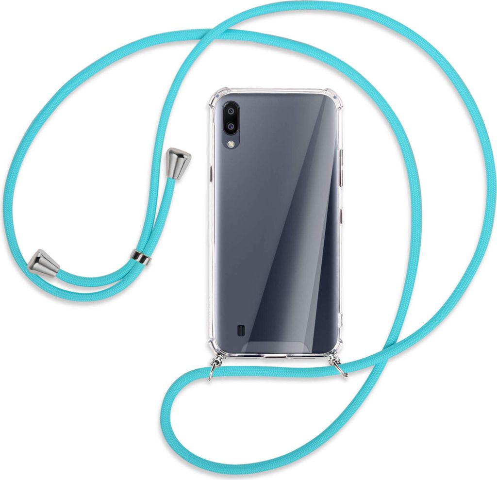 Handykette Backcover-Schutzhülle mit Band (Metall silberfarben) für Samsung Galaxy A10 - türkis