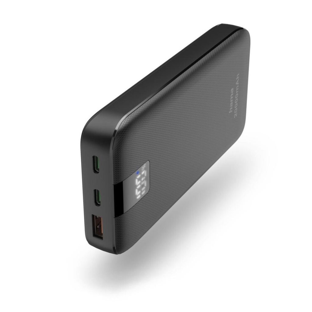 A black power bank is shown from a diagonal angle on a white background.