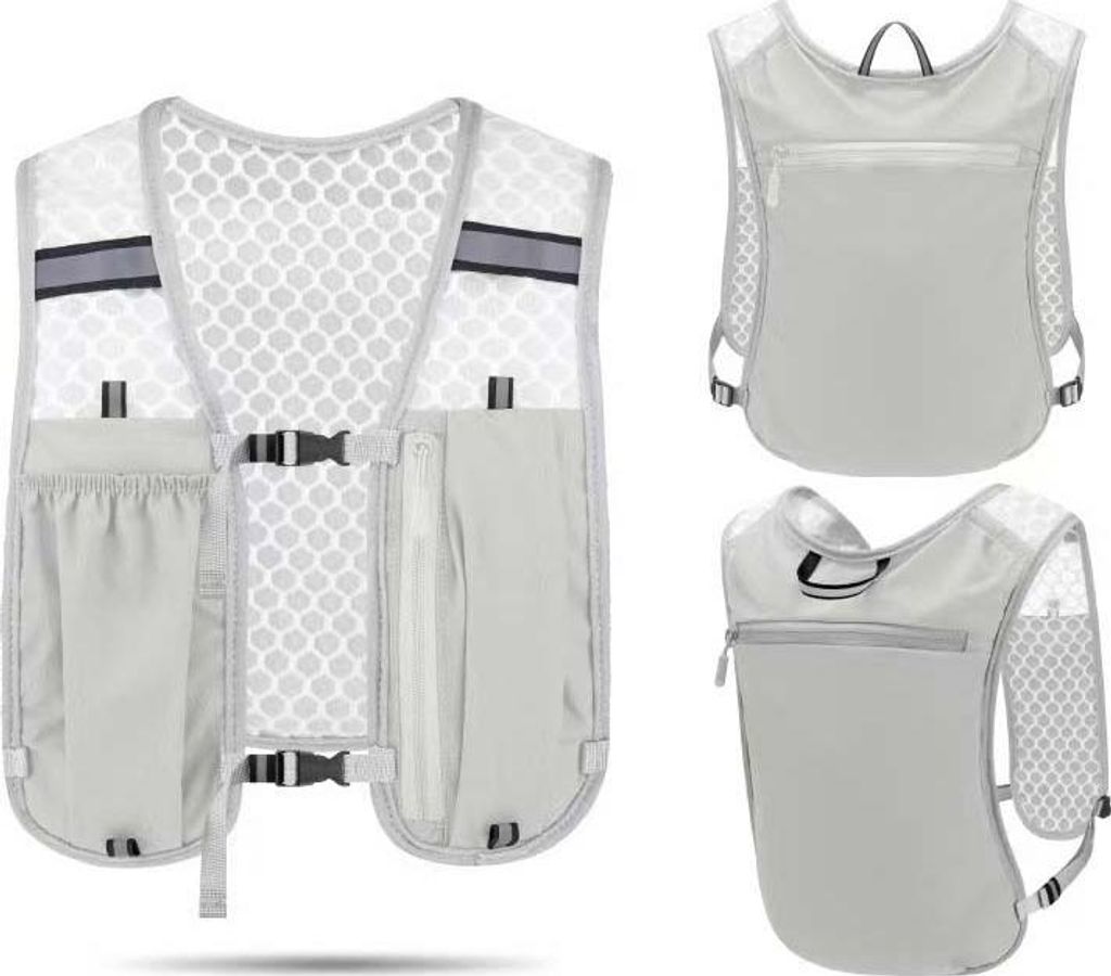 Graue Sport-Weste mit Handytasche & Trinkflaschenhalter: Leicht & atmungsaktiv für Laufen, Wandern & Radfahren. Praktische Aufbewahrung unterwegs