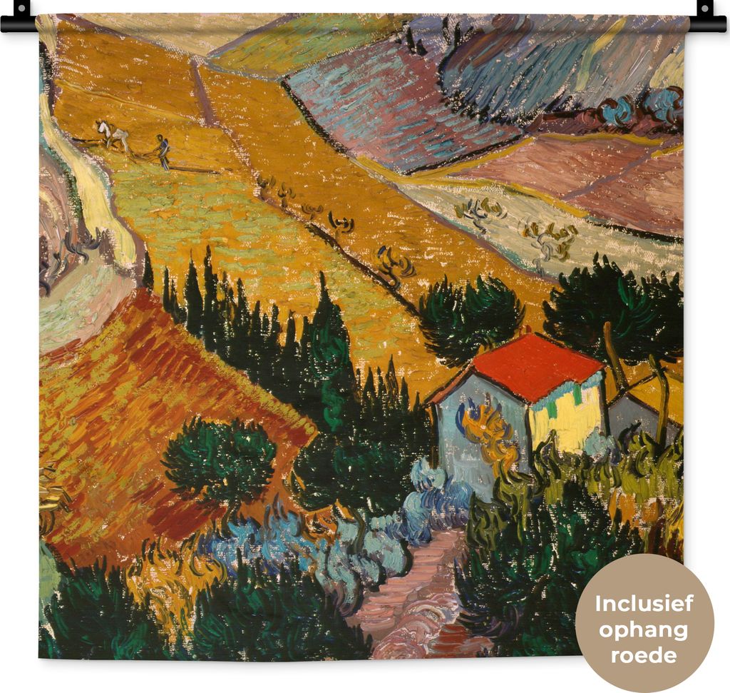 MuchoWow Wandteppich Wandbehang Landschaft mit einem Haus und einem Ackerbauern - Vincent van Gogh 60x60 cm Tapisserie Dekoration Wandtuch - Deko...