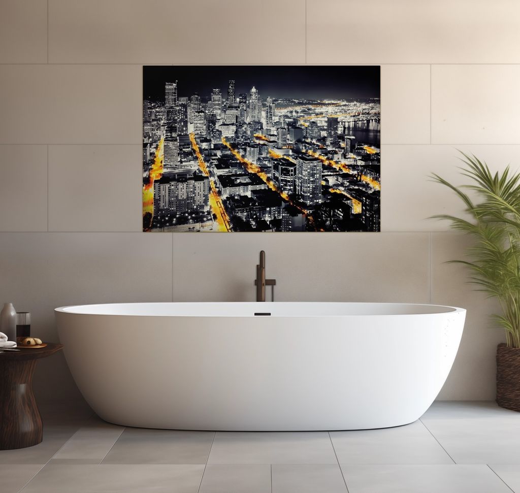 Wallario wasserfestes Poster selbstklebend 70 x 100 cm, Großstadt bei Nacht - Seattle in schwarz weiß gelb, Badezimmerposter Spritzschutz mit Hoc...