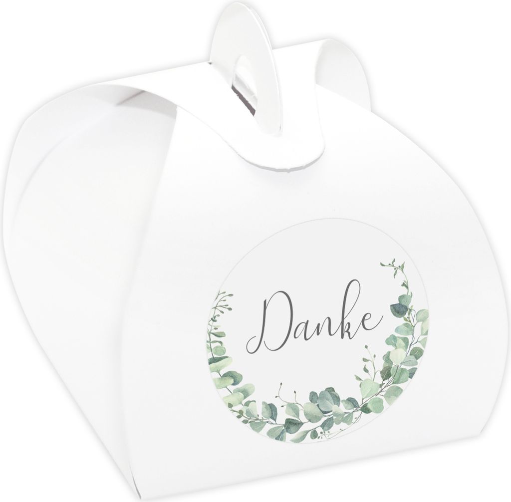 24 x Kartonagen weiß + Aufkleber 'Eukalyptus - Danke' Gastgeschenke Set für Hochzeit, Taufe, Kommunion, Konfirmation