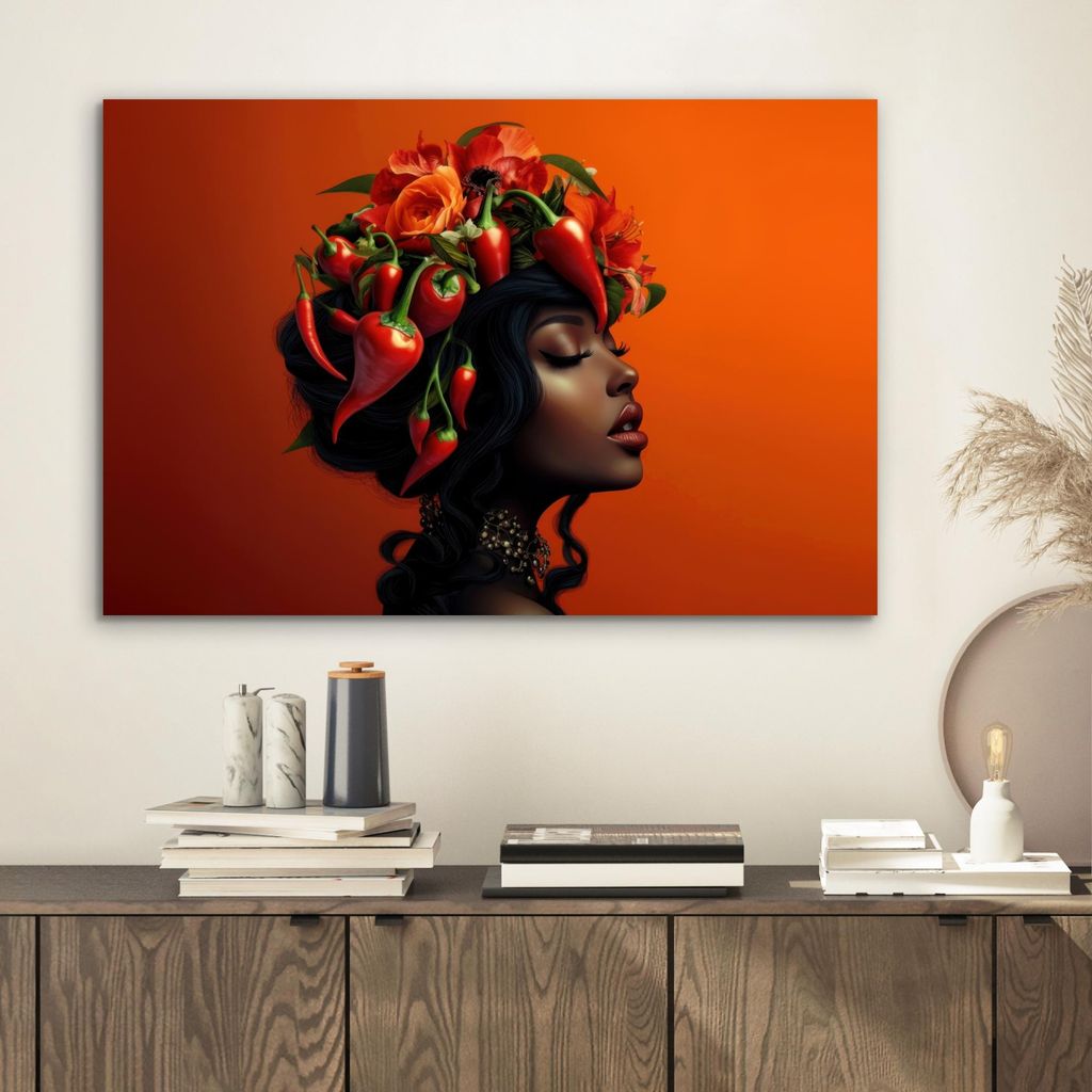 MuchoWow Wanddekoration Metall Metallbild Wandkunst 60x40 cm Frau - Chilischoten - Blumen MuchoWow Aluminium Gemälde - Gemälder