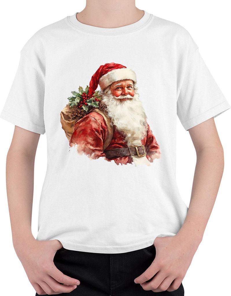 Weihnachtsmann Sack Stechpalme Tannenzapfen Bart Geschenk Vintage Uni Kinder T-Shirt, Weiß, 152