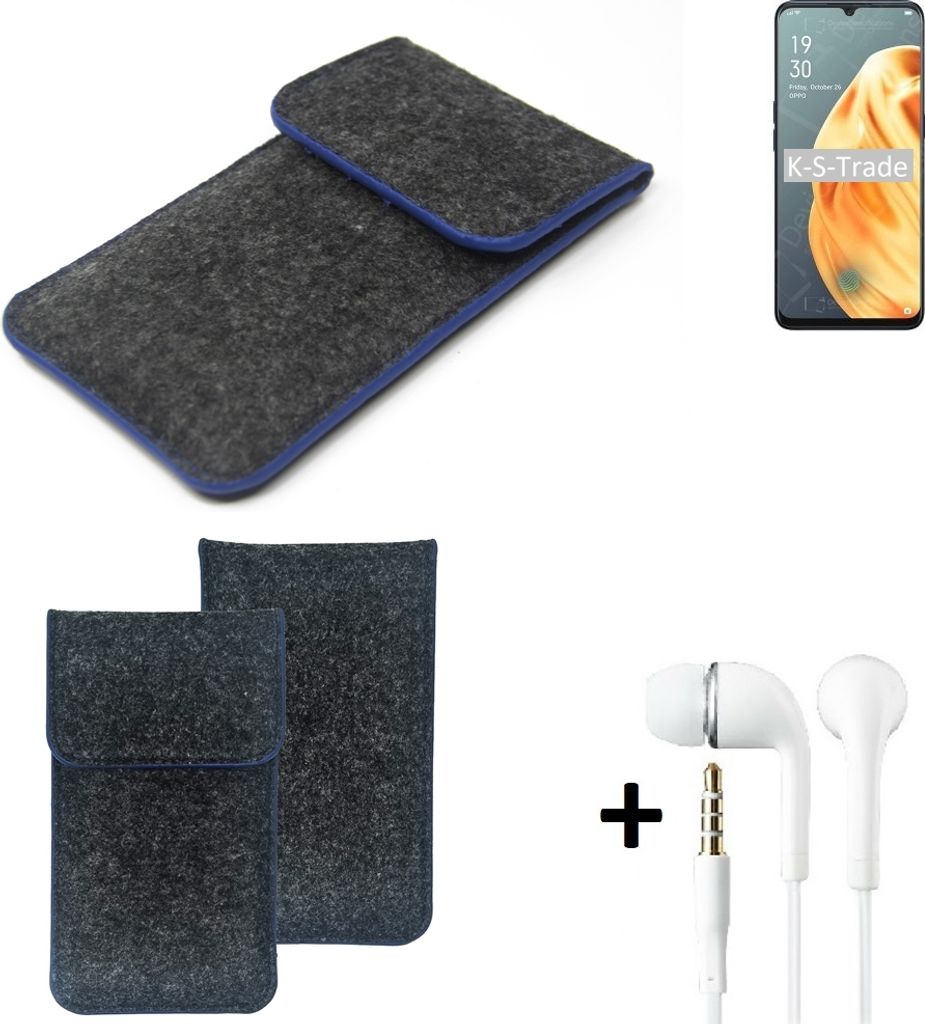 K-S-Trade Handy Schutz Hülle kompatibel mit Oppo F15 Schutzhülle Handyhülle Filztasche Pouch Tasche Case Sleeve Filzhülle dunkelgrau, blauer Rand