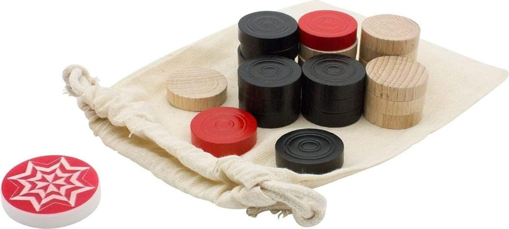 A set of carrom pieces and a striker are arranged on a white background, with some pieces inside a drawstring bag.