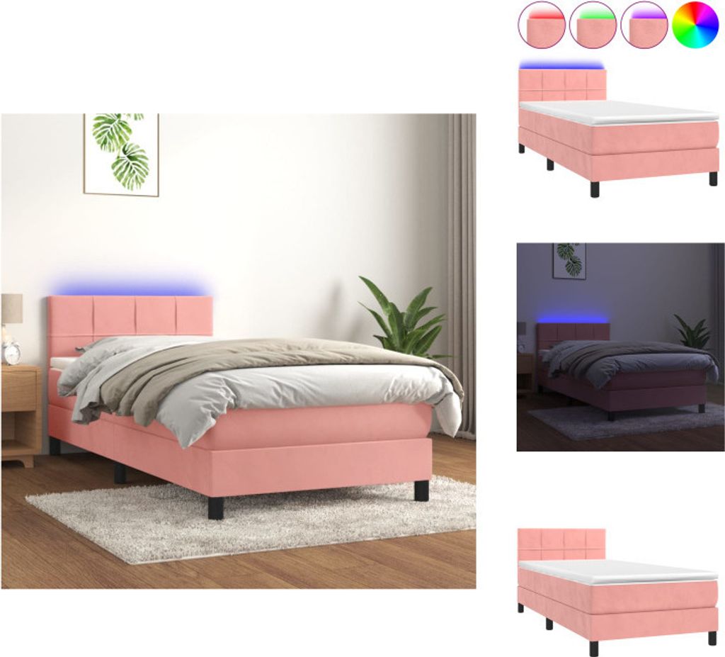 vidaXL Boxspringbett mit Matratze & LED Rosa 100x200 cm Samt - Betten & Bettgestelle
