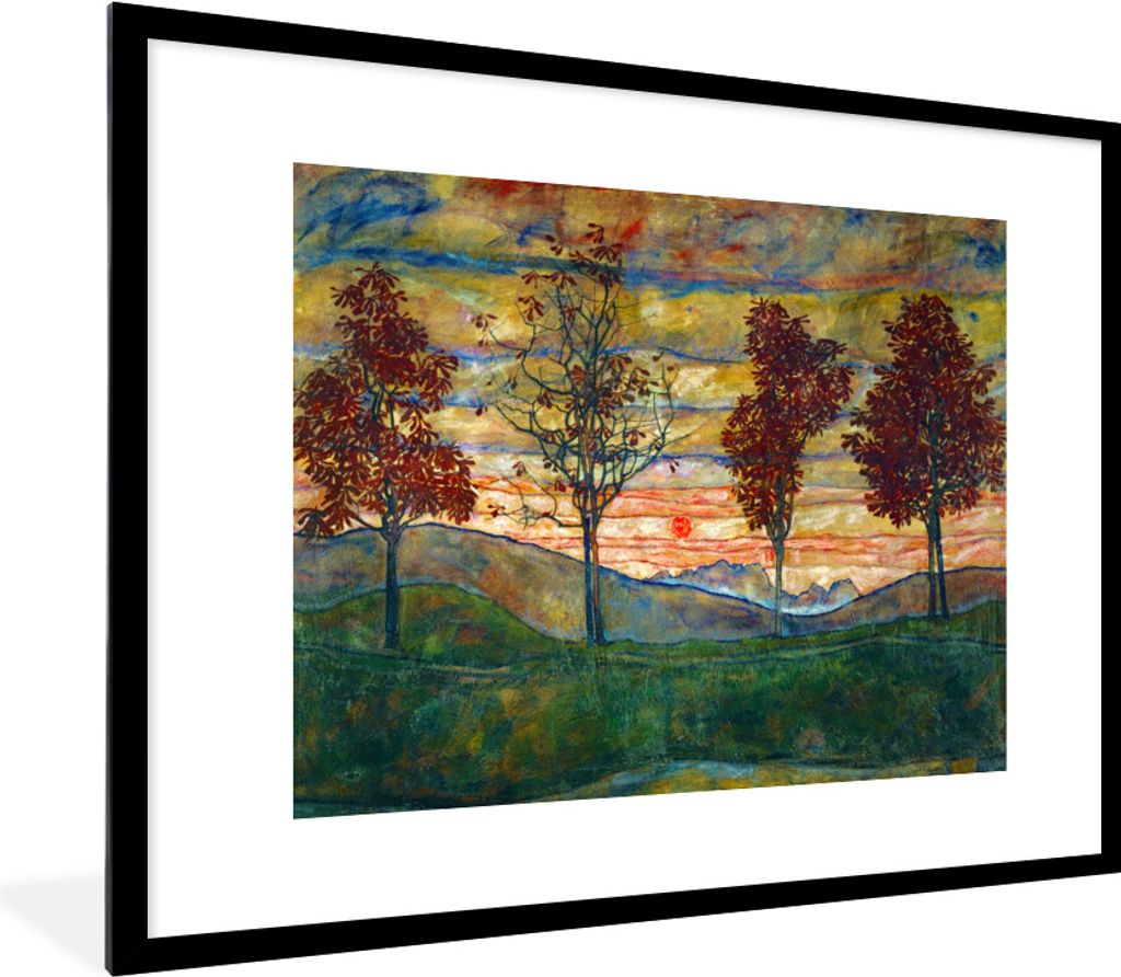 MuchoWow Gerahmtes Poster Vier Bäume - Egon Schiele 80x60 cm - Poster mit Schwarzem Bilderrahmen Wandposter Rahmen Foto Bilder - Schlafzimmer-De...