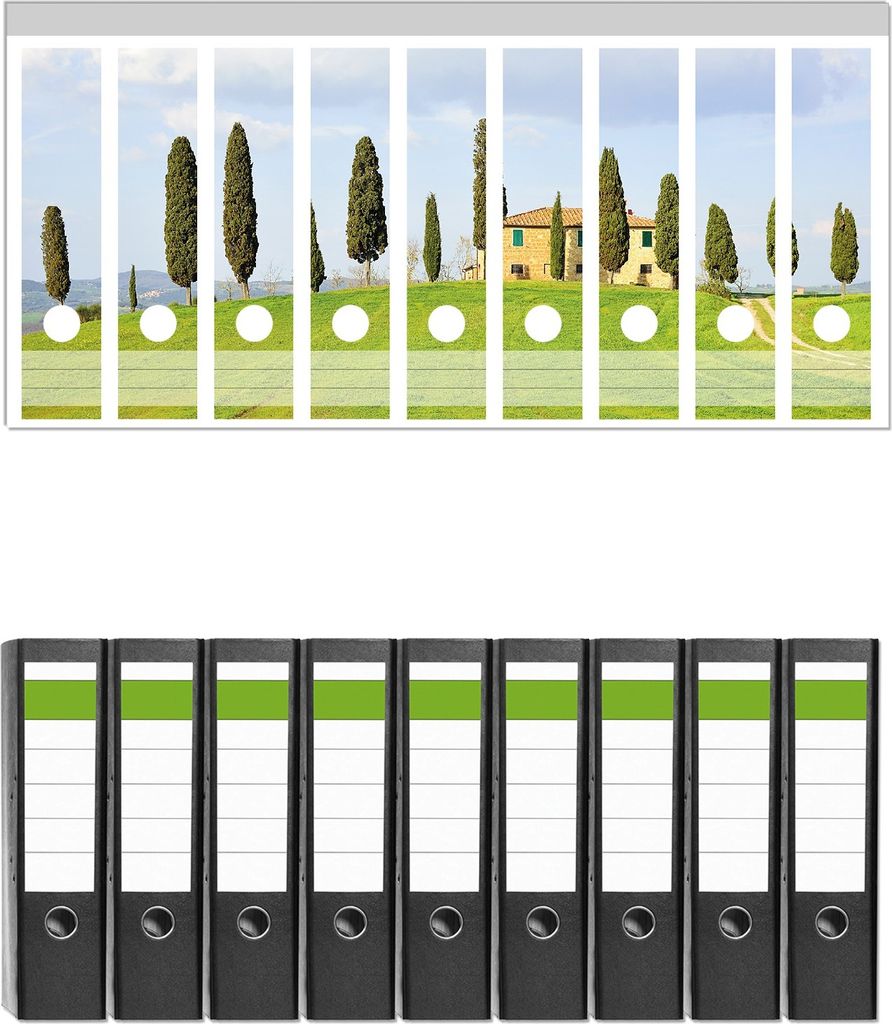 Wallario 9 Stück breite Ordner inkl. Klebeetiketten mit Motive Villa auf einem Hügel in der Toskana - Set mit Rückenschildern / Ordnerrücken St...