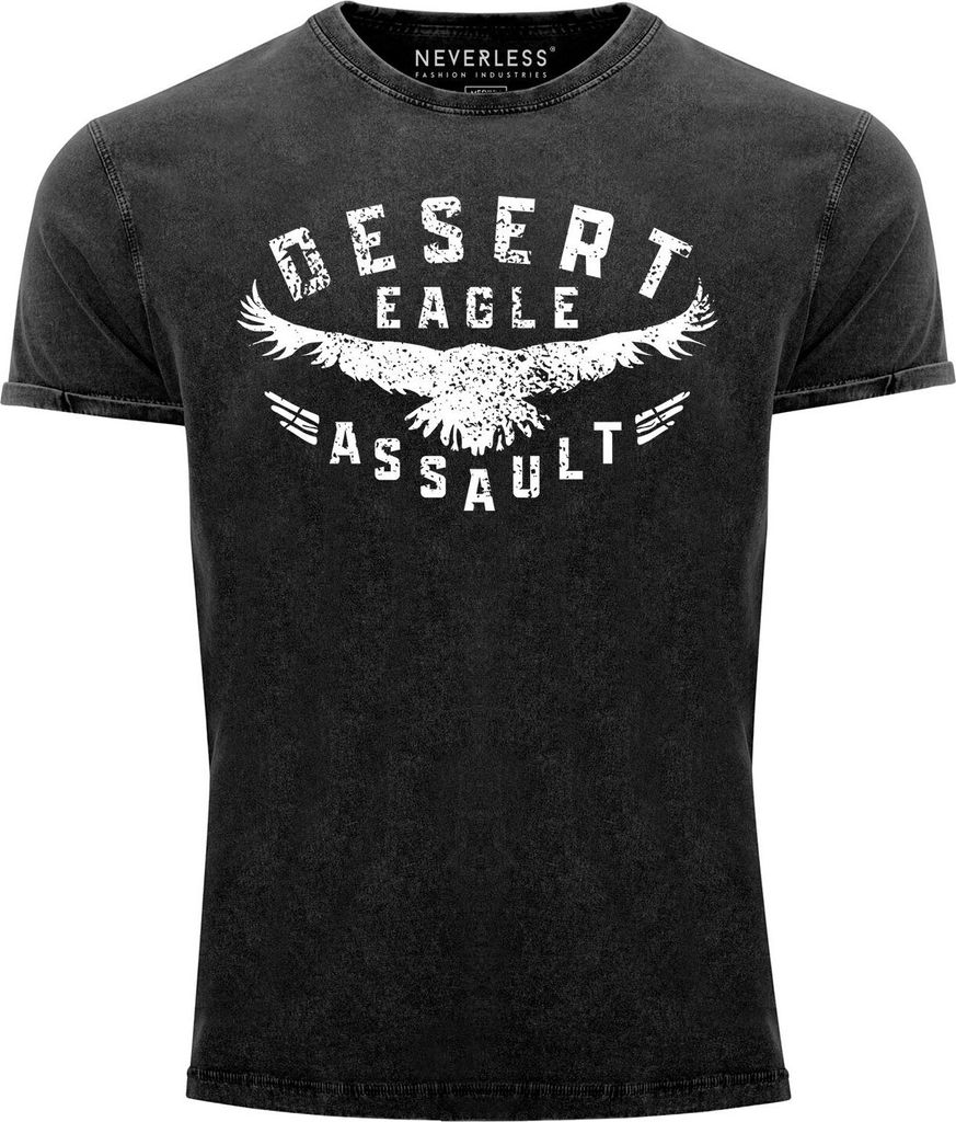 Herren Vintage Shirt Adler Aufschrift Desert Eagle Assault Printshirt T-Shirt Aufdruck Used Look Slim Fit Neverless schwarz XXL