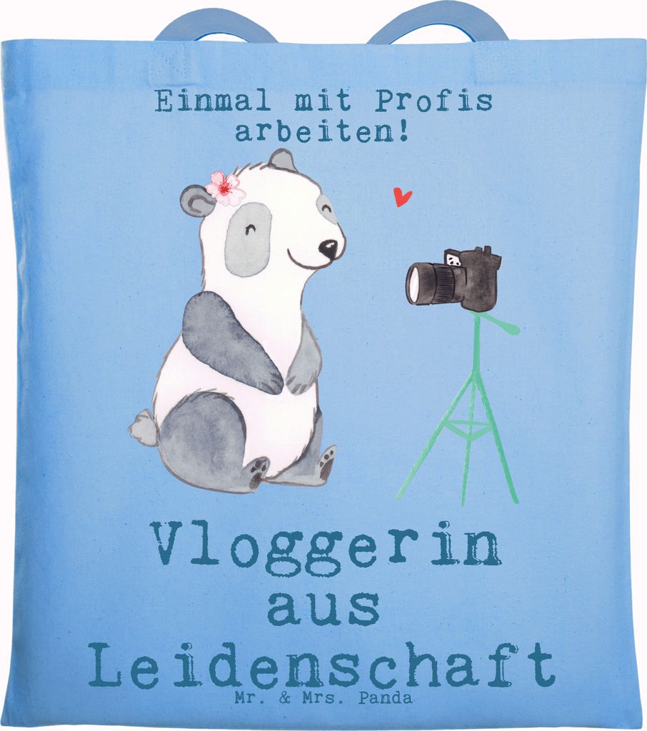 Mr. & Mrs. Panda Shopping Tasche Vloggerin Leidenschaft - Sky Blue - Geschenk, Jutebeutel, Tragetasche, Tote Bag, Laptoptasche, stoff shopper