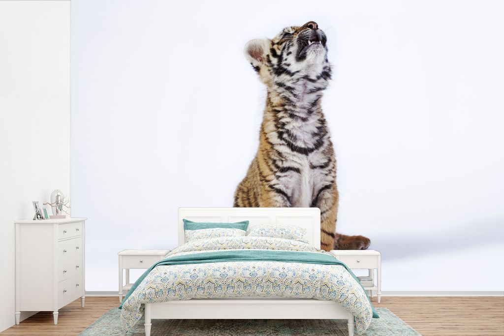 MuchoWow Fototapete für Wohnzimmer oder Schlafzimmer Wandtapete Vinyl Motivtapete Tiger - Jungtier - Weiß - 390x260 cm - Papiertapete