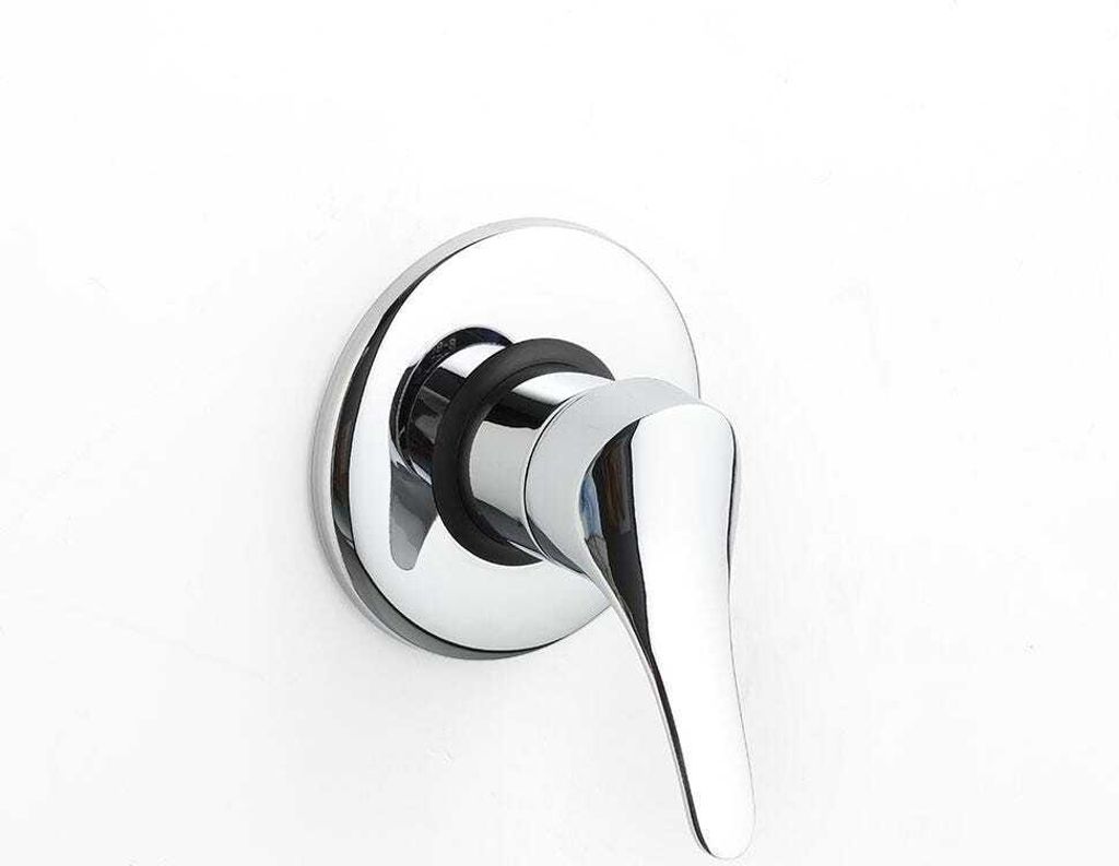 A chrome-plated shower mixer tap mounted on a white wall.