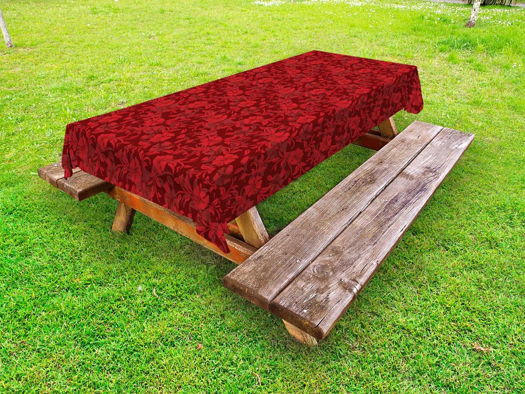 ABAKUHAUS Blume Tischdecke Outdoor, Blumendetails mit Blättern wirbelt romantischen lebendigen lebendigen Muster Kunstdruck, Burgunder und Rot, 14...