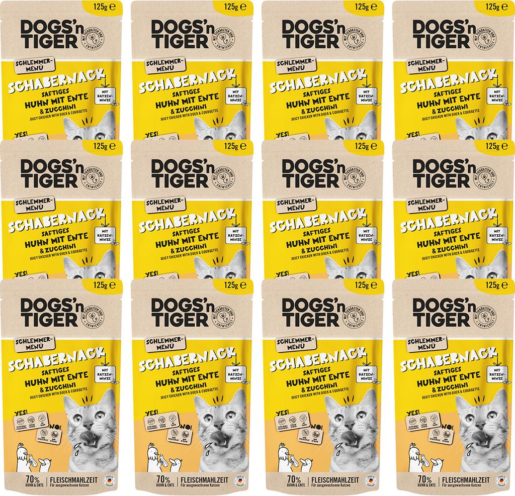 Dogs’n Tiger Adult Nassfutter für Katzen, Katzenfutter, Schabernack, Huhn, Ente & Zucchini, 12x 125g