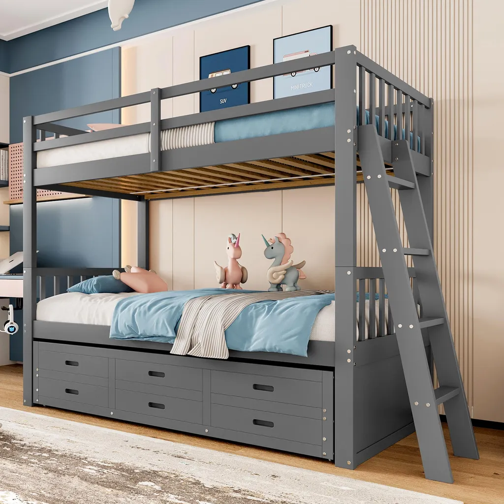 Lit Superposé Triple 90x200 Gris en Bois de Pin avec Rangement